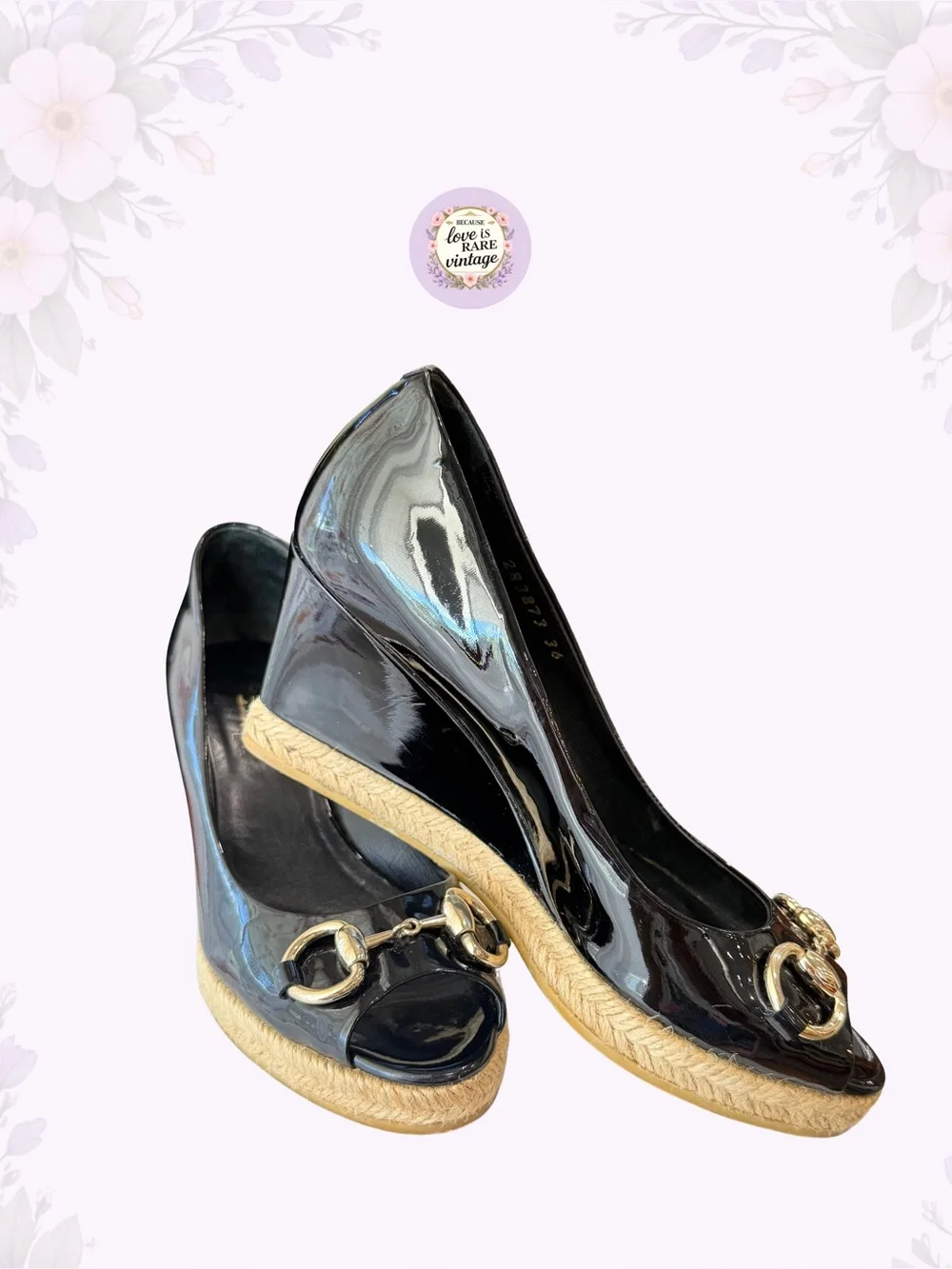 Vintage Gucci Horsebit Espadrille Wedges • Y2K Black Patent Leather Platforms
